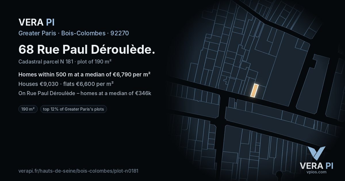 68 Rue Paul Déroulède, Bois-Colombes at night – the plot lit, the parcels around coloured by the prices near them