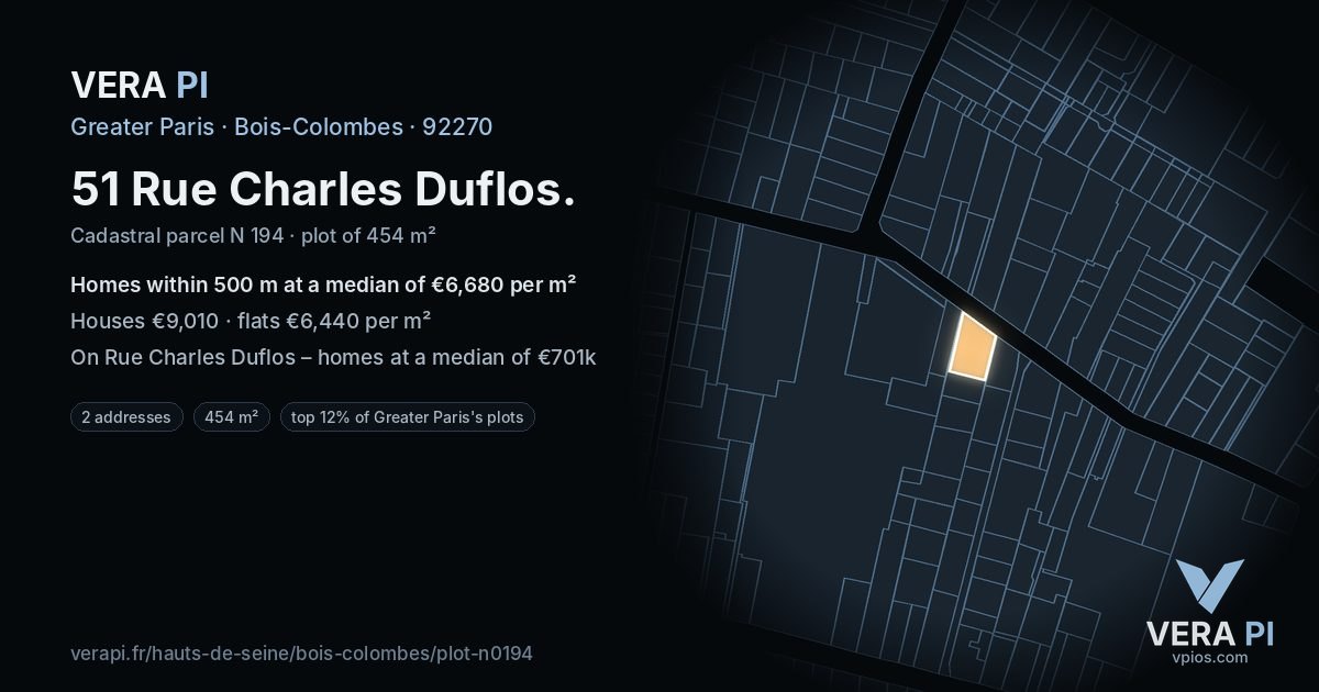 51 Rue Charles Duflos, Bois-Colombes at night – the plot lit, the parcels around coloured by the prices near them