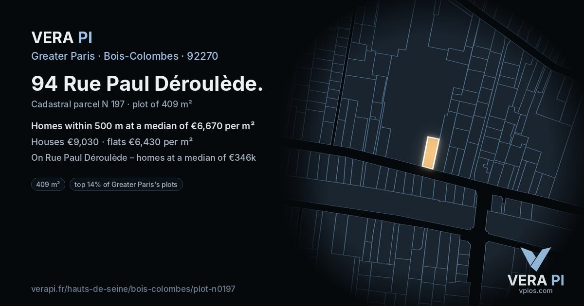 94 Rue Paul Déroulède, Bois-Colombes at night – the plot lit, the parcels around coloured by the prices near them