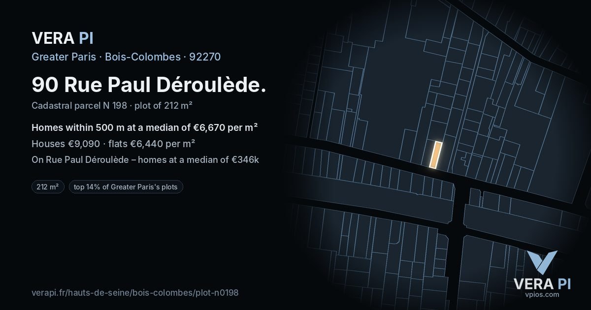90 Rue Paul Déroulède, Bois-Colombes at night – the plot lit, the parcels around coloured by the prices near them