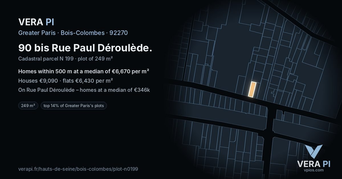 90 bis Rue Paul Déroulède, Bois-Colombes at night – the plot lit, the parcels around coloured by the prices near them