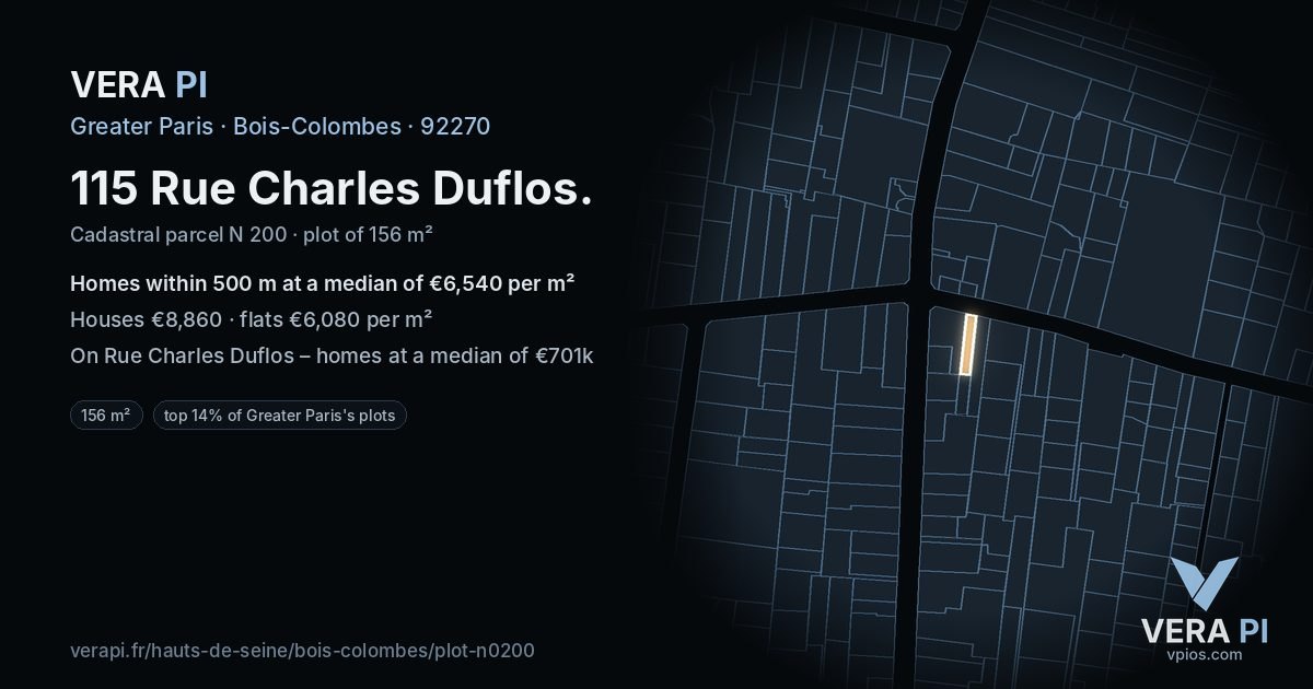 115 Rue Charles Duflos, Bois-Colombes at night – the plot lit, the parcels around coloured by the prices near them