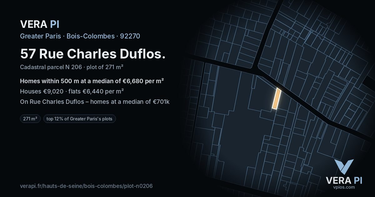 57 Rue Charles Duflos, Bois-Colombes at night – the plot lit, the parcels around coloured by the prices near them