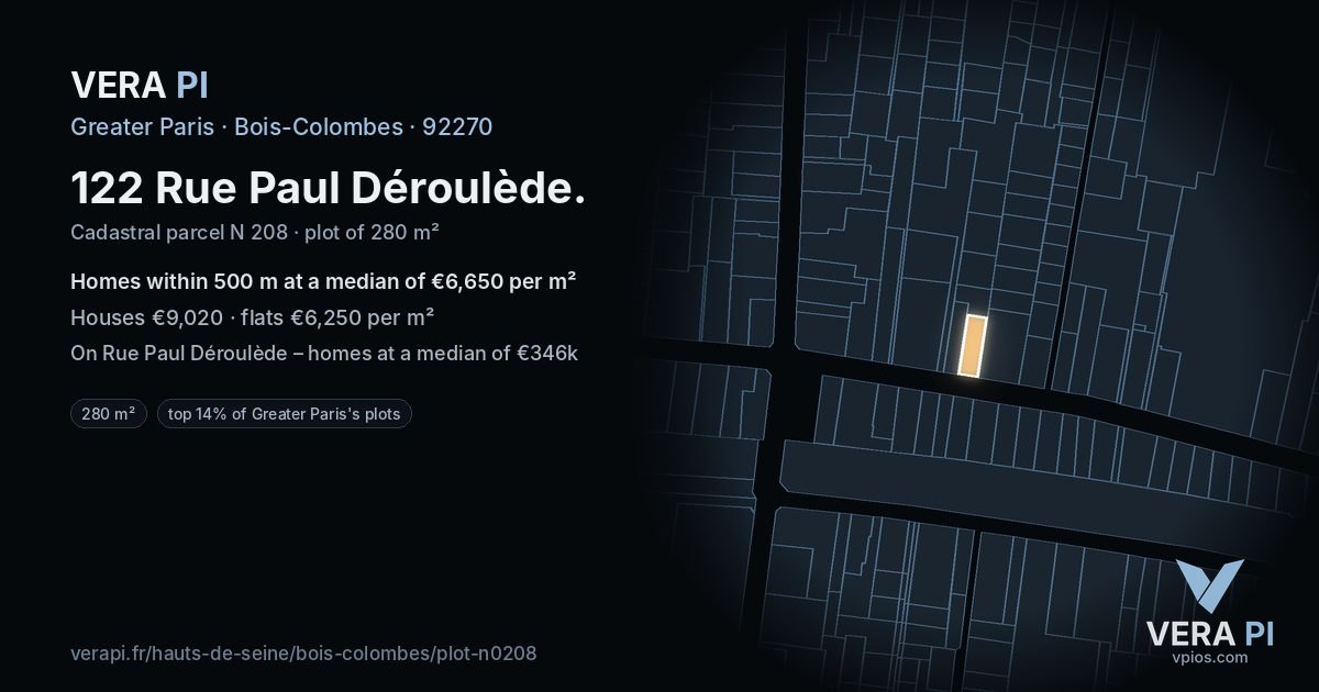 122 Rue Paul Déroulède, Bois-Colombes at night – the plot lit, the parcels around coloured by the prices near them