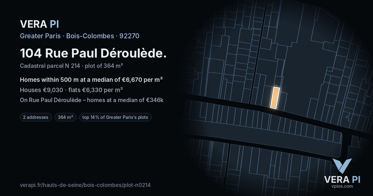 104 Rue Paul Déroulède, Bois-Colombes at night – the plot lit, the parcels around coloured by the prices near them