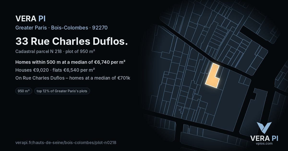 33 Rue Charles Duflos, Bois-Colombes at night – the plot lit, the parcels around coloured by the prices near them