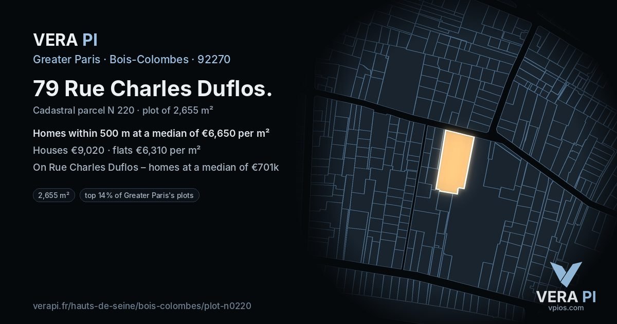 79 Rue Charles Duflos, Bois-Colombes at night – the plot lit, the parcels around coloured by the prices near them