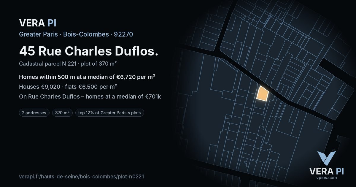 45 Rue Charles Duflos, Bois-Colombes at night – the plot lit, the parcels around coloured by the prices near them