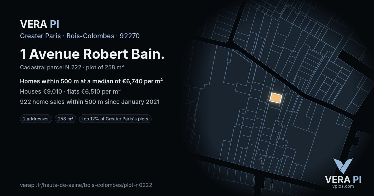 1 Avenue Robert Bain, Bois-Colombes at night – the plot lit, the parcels around coloured by the prices near them