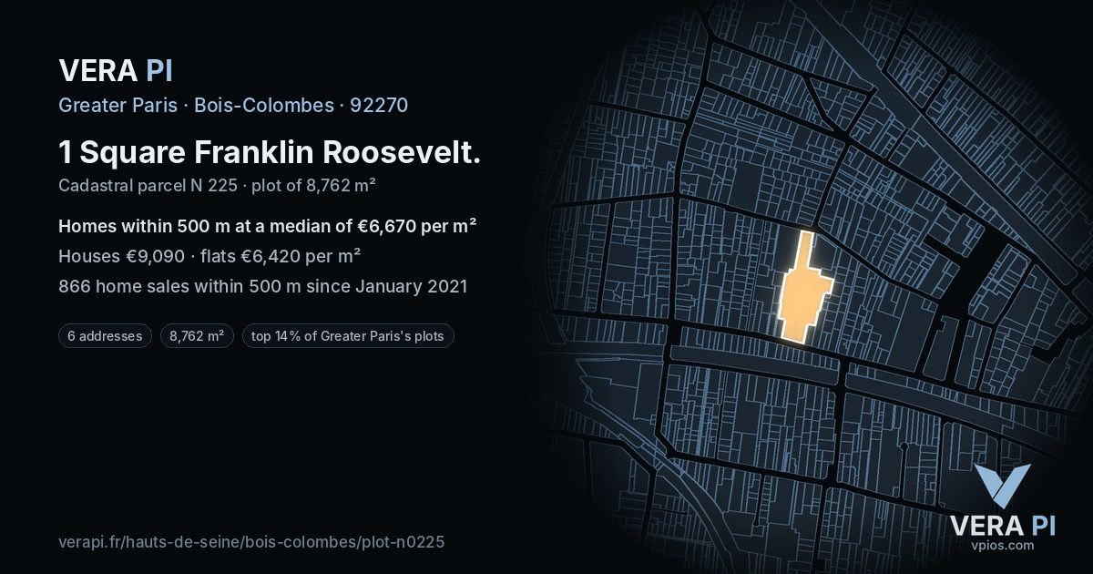 1 Square Franklin Roosevelt, Bois-Colombes at night – the plot lit, the parcels around coloured by the prices near them