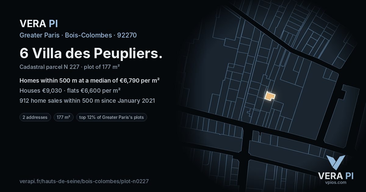 6 Villa des Peupliers, Bois-Colombes at night – the plot lit, the parcels around coloured by the prices near them