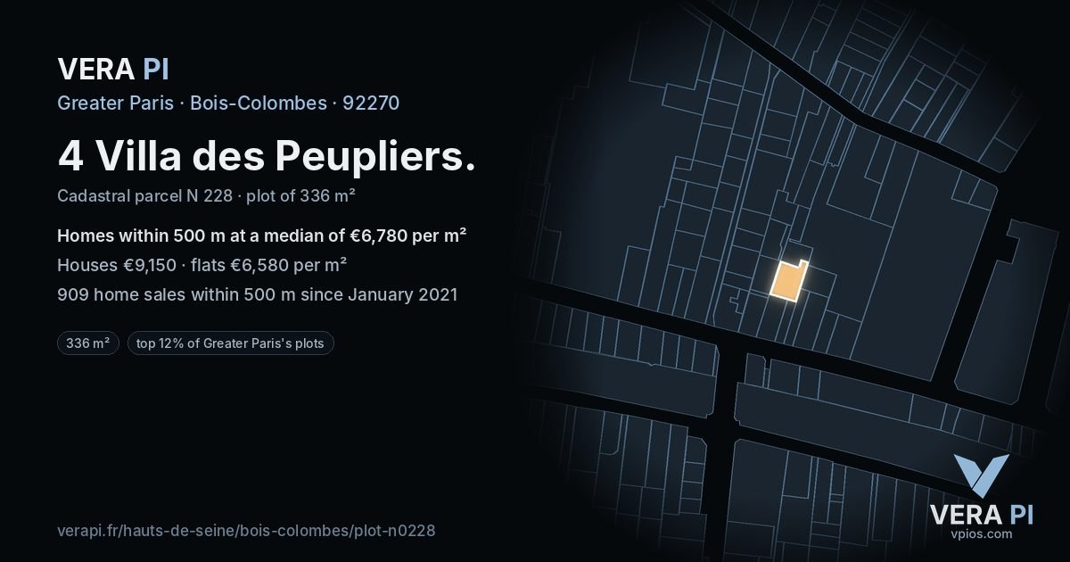 4 Villa des Peupliers, Bois-Colombes at night – the plot lit, the parcels around coloured by the prices near them