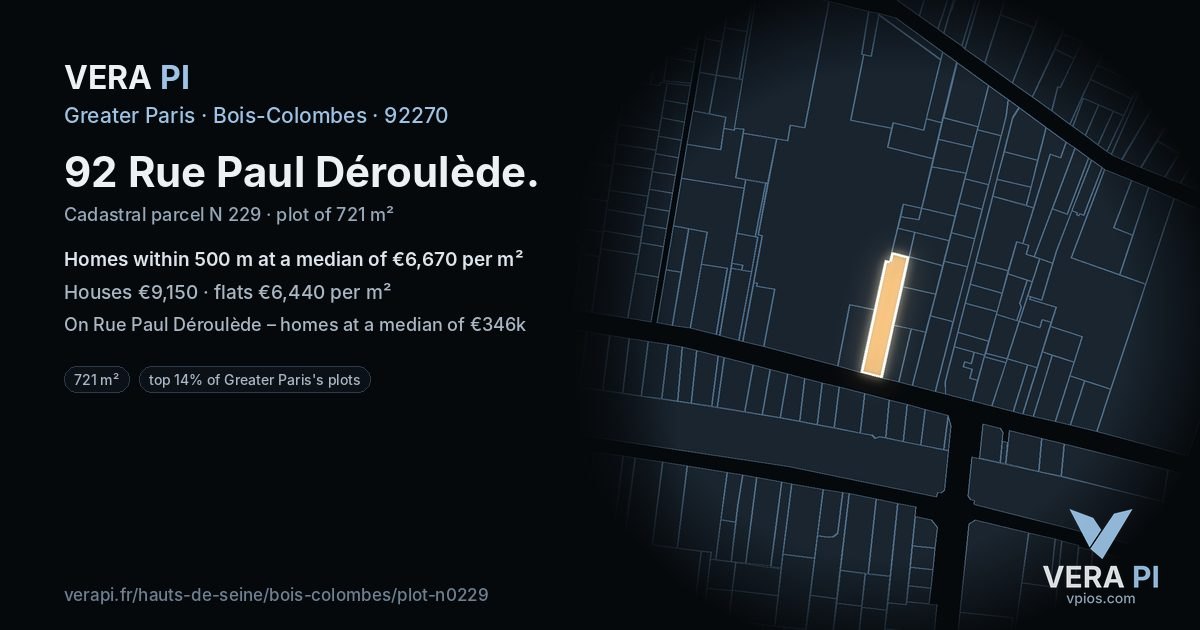 92 Rue Paul Déroulède, Bois-Colombes at night – the plot lit, the parcels around coloured by the prices near them