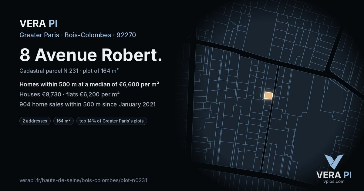 8 Avenue Robert, Bois-Colombes at night – the plot lit, the parcels around coloured by the prices near them