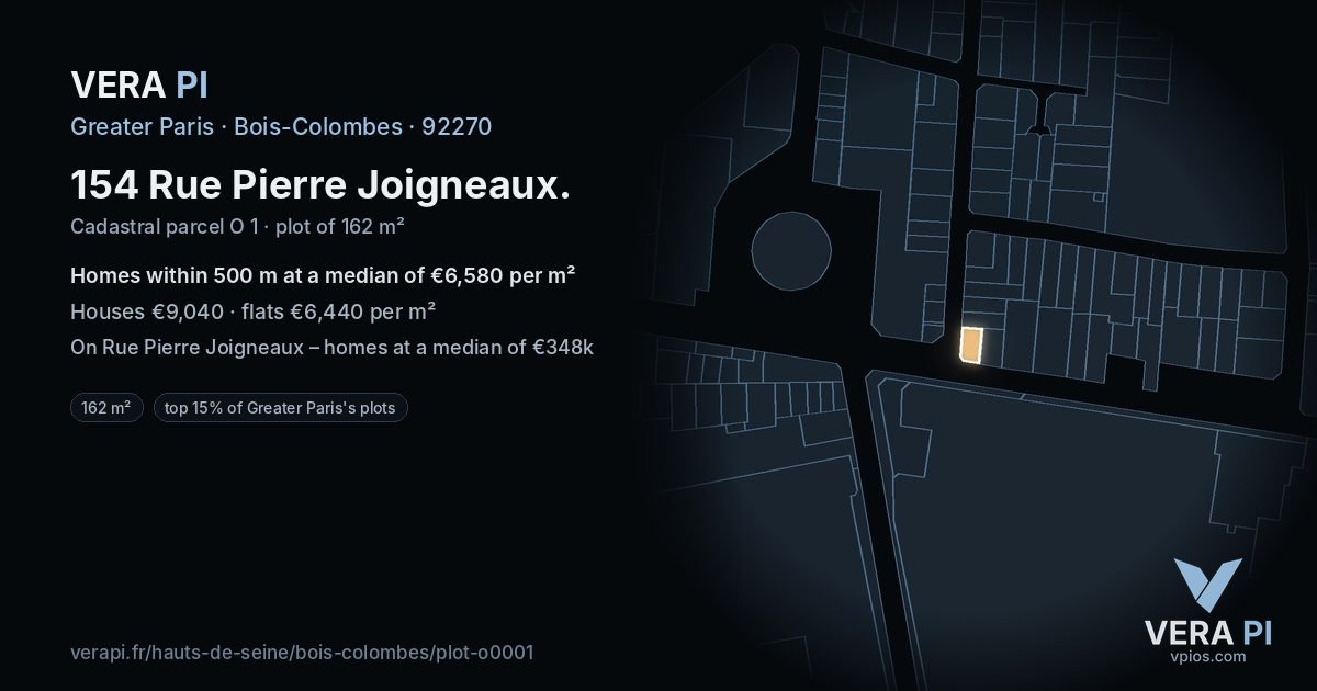 154 Rue Pierre Joigneaux, Bois-Colombes at night – the plot lit, the parcels around coloured by the prices near them