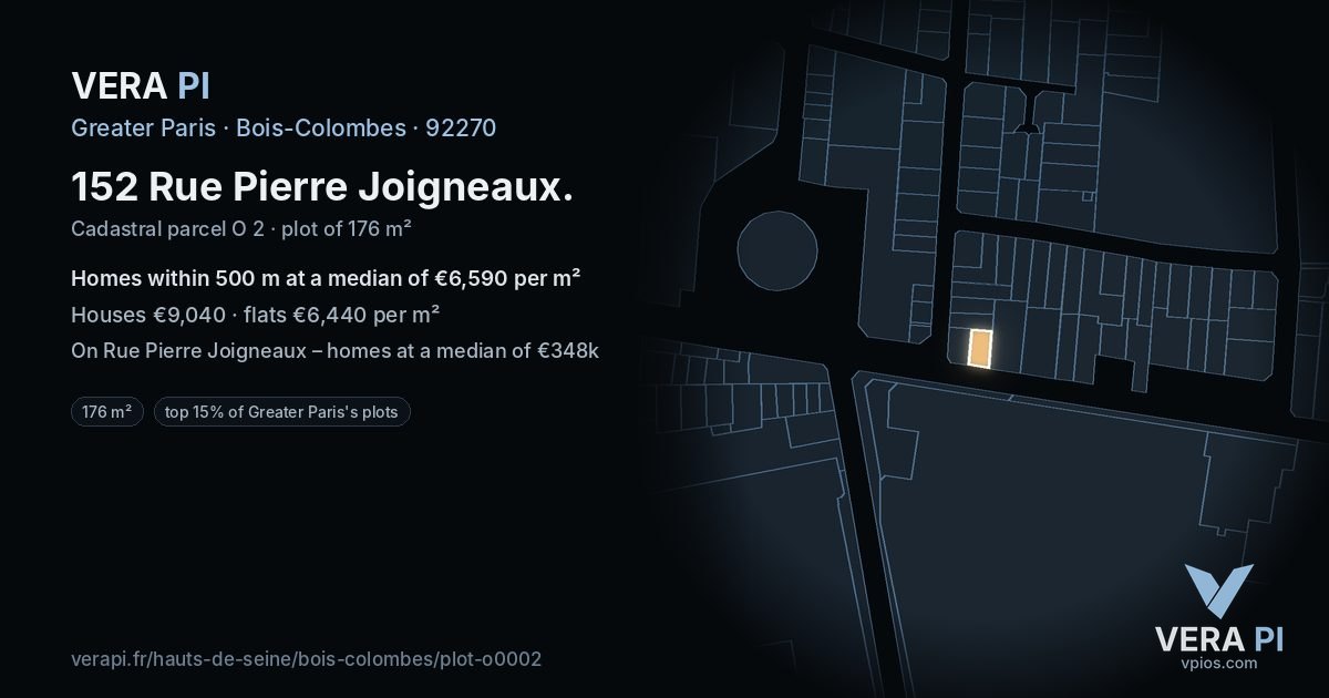 152 Rue Pierre Joigneaux, Bois-Colombes at night – the plot lit, the parcels around coloured by the prices near them