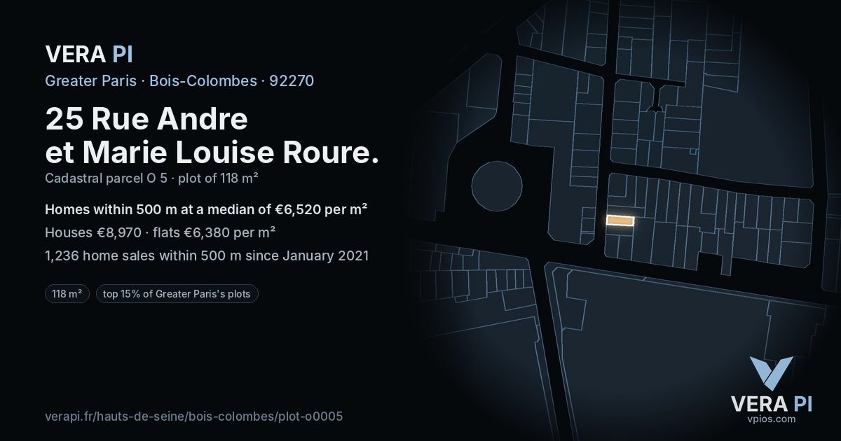 25 Rue Andre et Marie Louise Roure, Bois-Colombes at night – the plot lit, the parcels around coloured by the prices near them