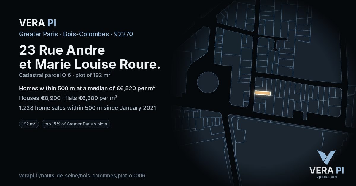 23 Rue Andre et Marie Louise Roure, Bois-Colombes at night – the plot lit, the parcels around coloured by the prices near them
