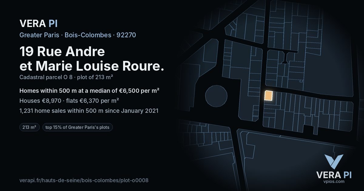 19 Rue Andre et Marie Louise Roure, Bois-Colombes at night – the plot lit, the parcels around coloured by the prices near them