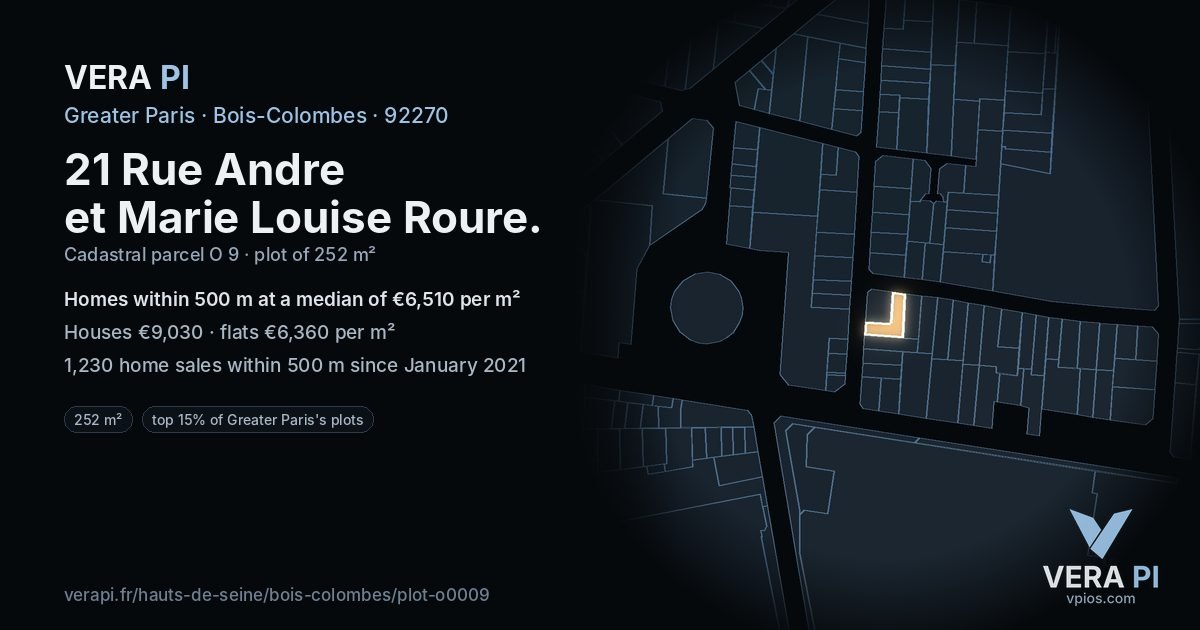 21 Rue Andre et Marie Louise Roure, Bois-Colombes at night – the plot lit, the parcels around coloured by the prices near them