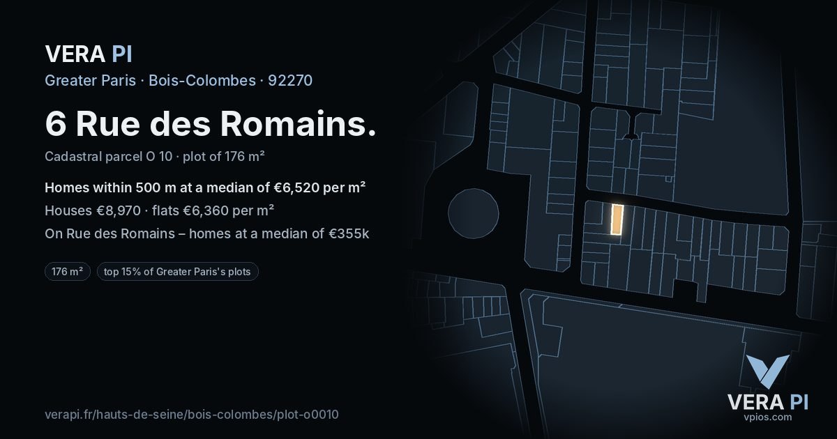6 Rue des Romains, Bois-Colombes at night – the plot lit, the parcels around coloured by the prices near them