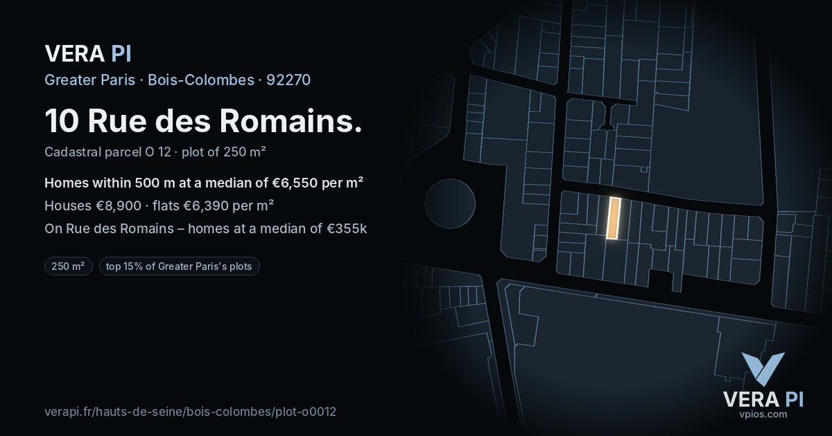 10 Rue des Romains, Bois-Colombes at night – the plot lit, the parcels around coloured by the prices near them