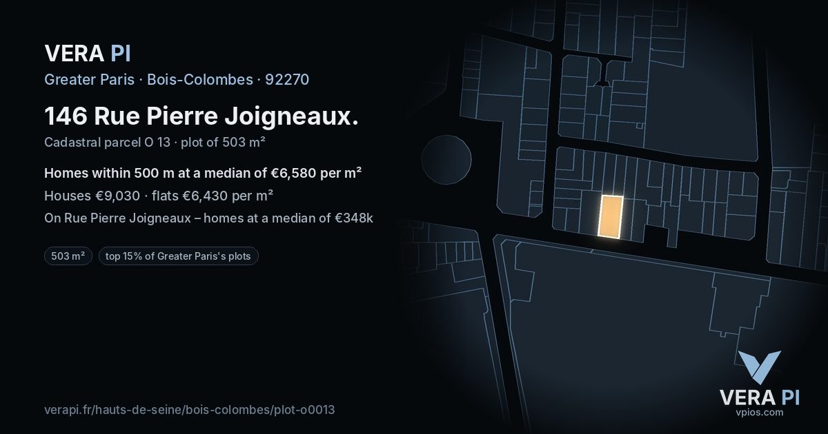 146 Rue Pierre Joigneaux, Bois-Colombes at night – the plot lit, the parcels around coloured by the prices near them