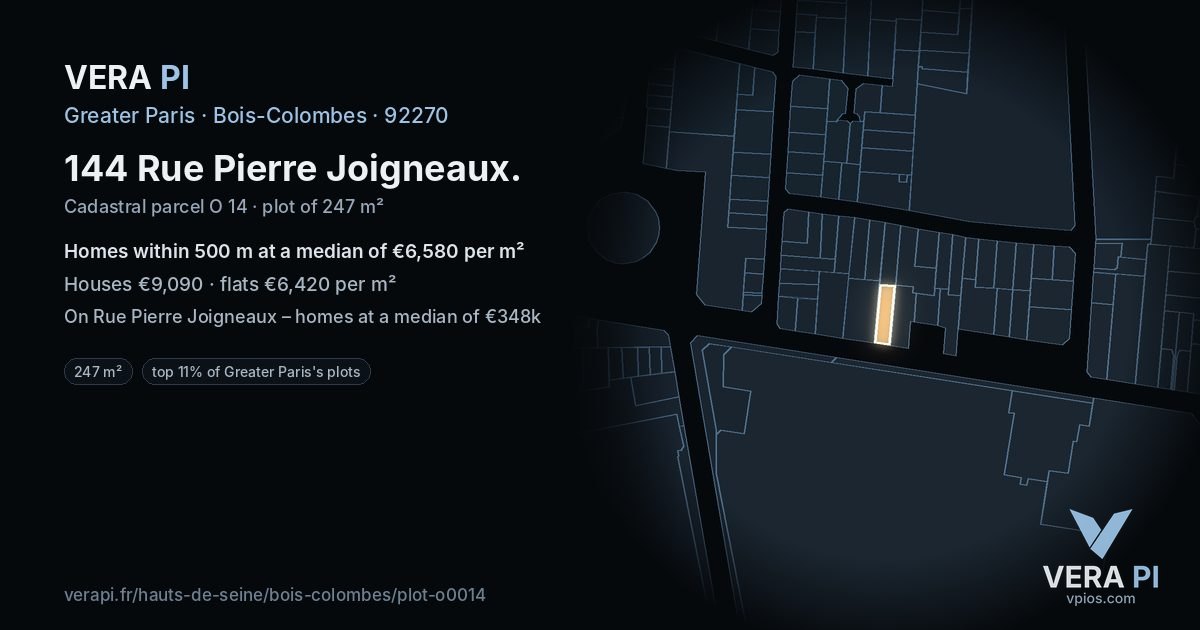 144 Rue Pierre Joigneaux, Bois-Colombes at night – the plot lit, the parcels around coloured by the prices near them