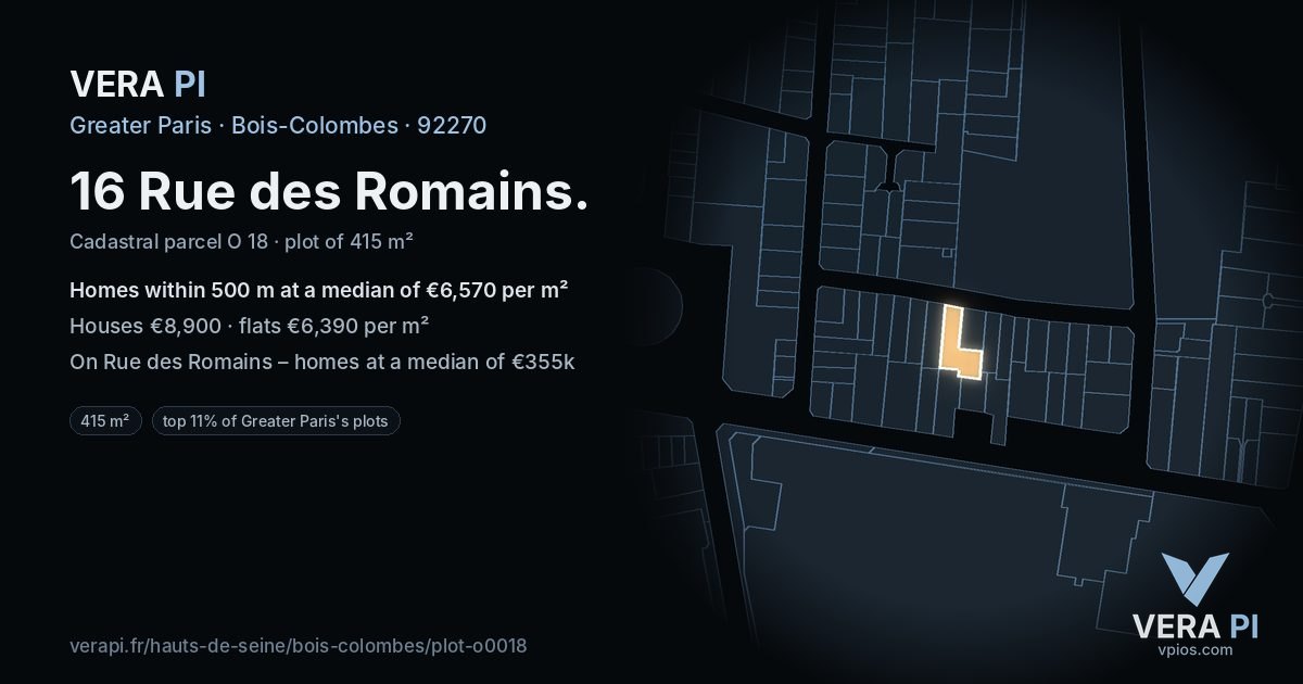 16 Rue des Romains, Bois-Colombes at night – the plot lit, the parcels around coloured by the prices near them
