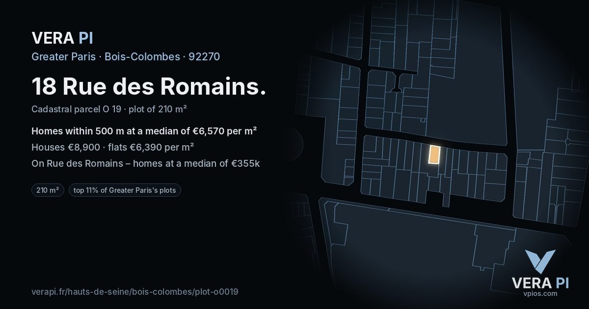 18 Rue des Romains, Bois-Colombes at night – the plot lit, the parcels around coloured by the prices near them