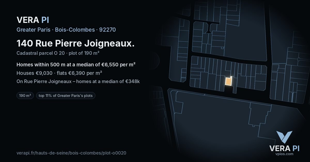140 Rue Pierre Joigneaux, Bois-Colombes at night – the plot lit, the parcels around coloured by the prices near them