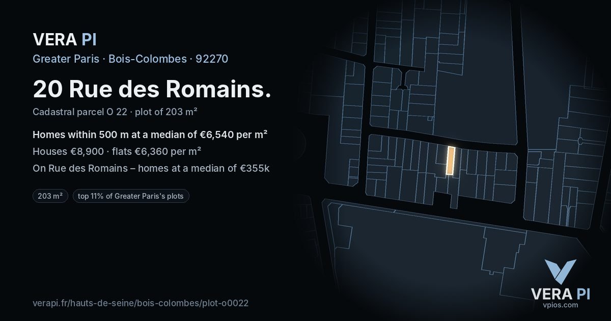 20 Rue des Romains, Bois-Colombes at night – the plot lit, the parcels around coloured by the prices near them