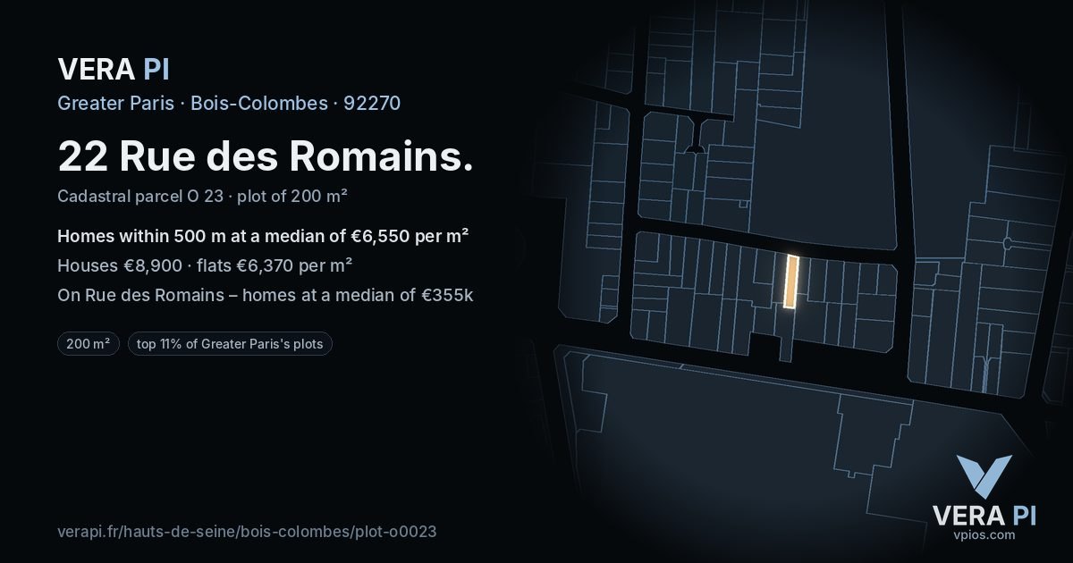 22 Rue des Romains, Bois-Colombes at night – the plot lit, the parcels around coloured by the prices near them
