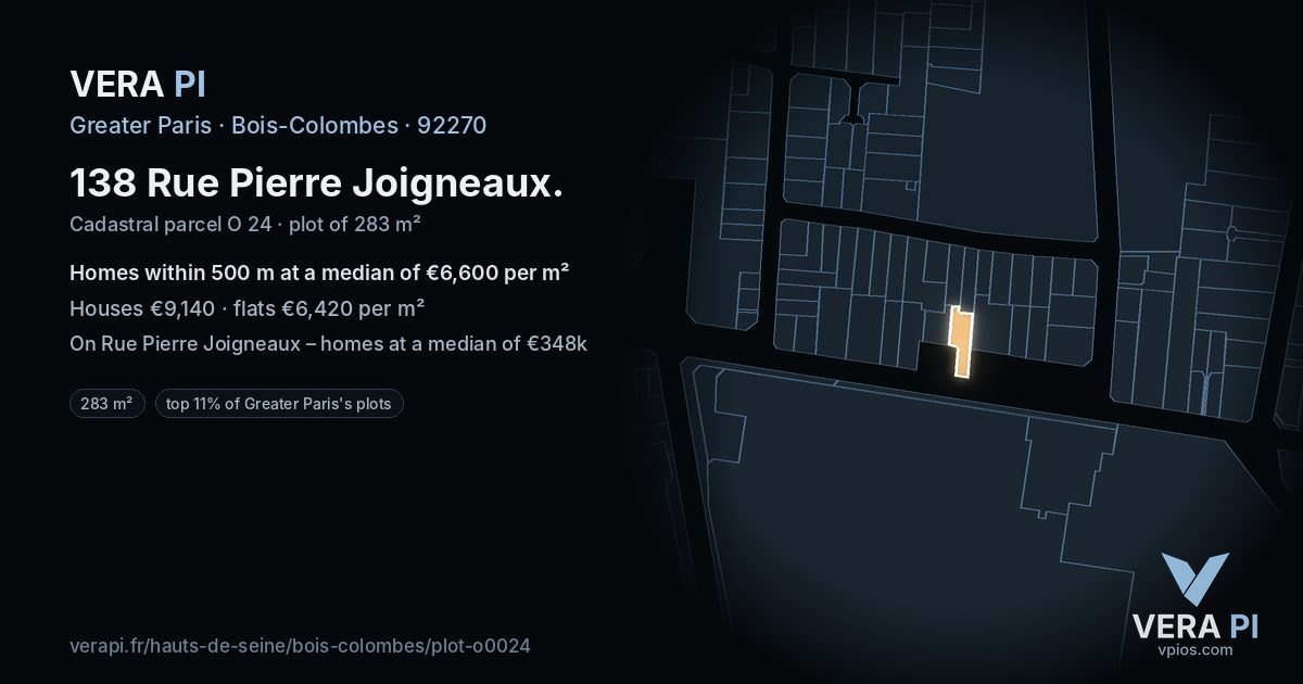 138 Rue Pierre Joigneaux, Bois-Colombes at night – the plot lit, the parcels around coloured by the prices near them