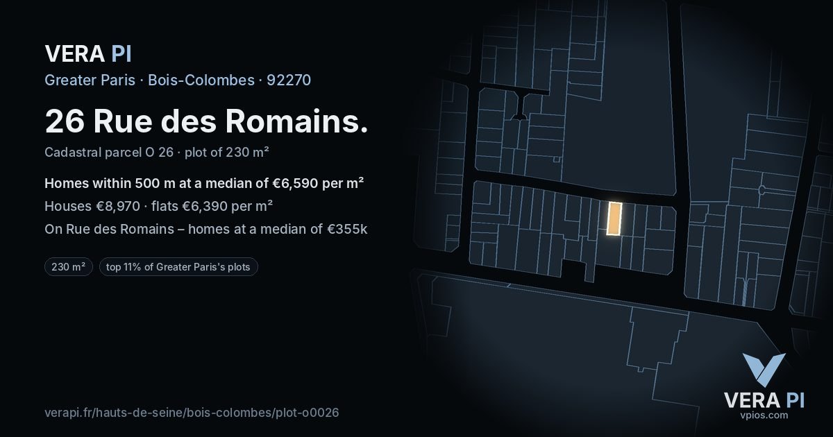 26 Rue des Romains, Bois-Colombes at night – the plot lit, the parcels around coloured by the prices near them