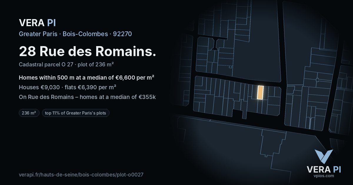 28 Rue des Romains, Bois-Colombes at night – the plot lit, the parcels around coloured by the prices near them