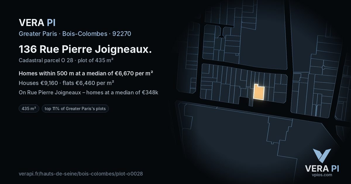 136 Rue Pierre Joigneaux, Bois-Colombes at night – the plot lit, the parcels around coloured by the prices near them