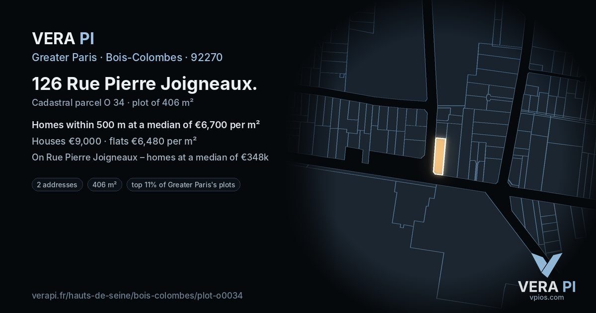 126 Rue Pierre Joigneaux, Bois-Colombes at night – the plot lit, the parcels around coloured by the prices near them