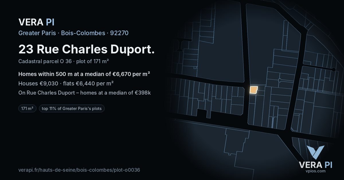 23 Rue Charles Duport, Bois-Colombes at night – the plot lit, the parcels around coloured by the prices near them