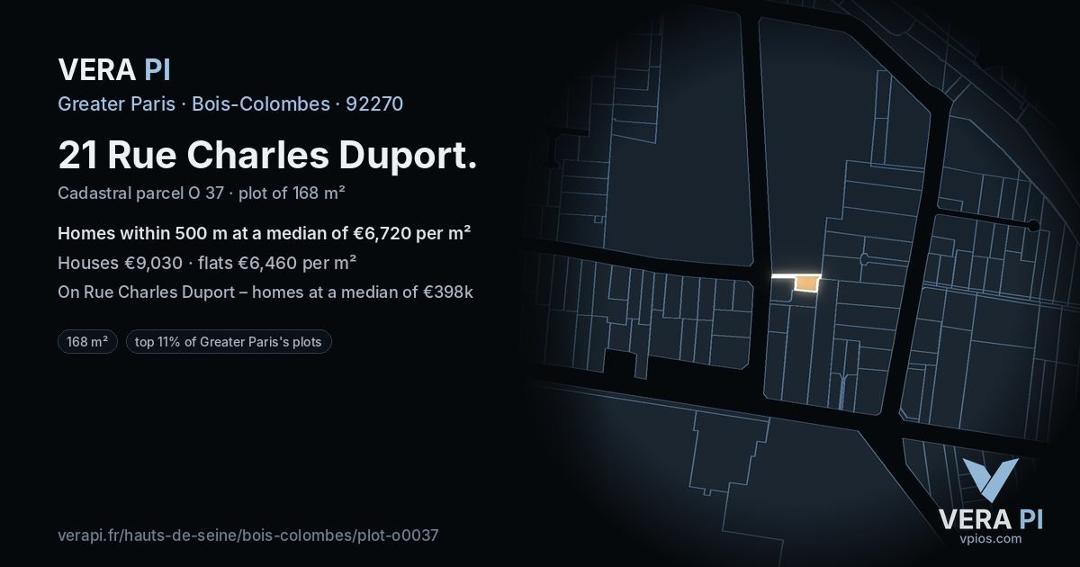 21 Rue Charles Duport, Bois-Colombes at night – the plot lit, the parcels around coloured by the prices near them