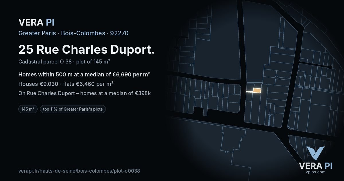 25 Rue Charles Duport, Bois-Colombes at night – the plot lit, the parcels around coloured by the prices near them