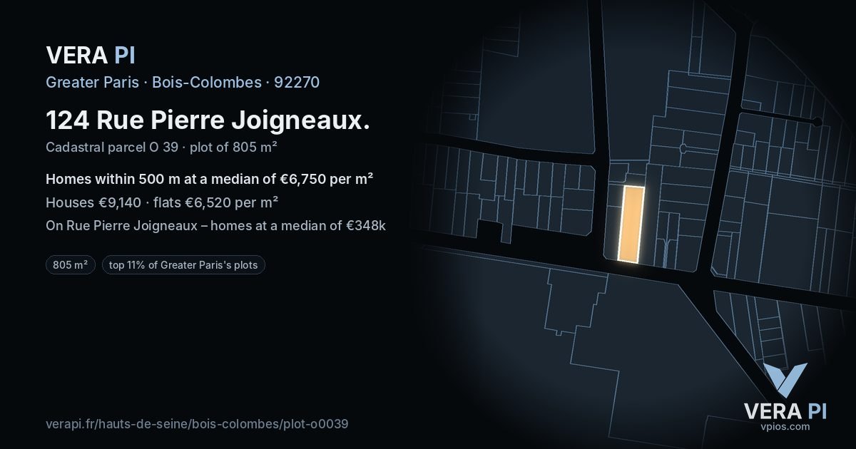 124 Rue Pierre Joigneaux, Bois-Colombes at night – the plot lit, the parcels around coloured by the prices near them