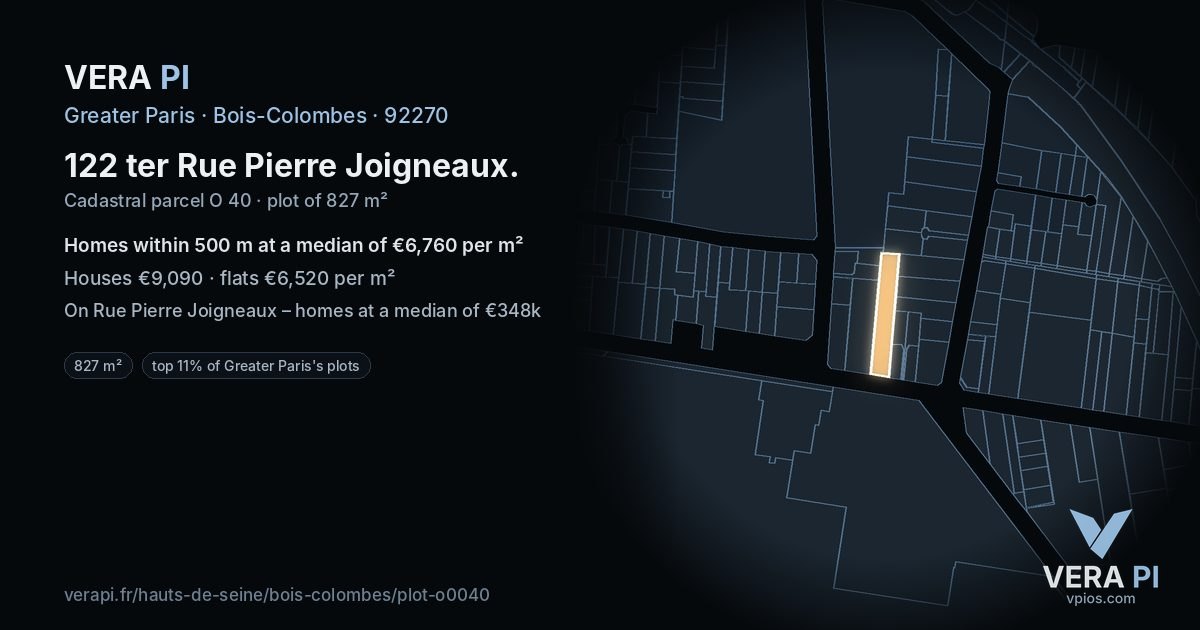 122 ter Rue Pierre Joigneaux, Bois-Colombes at night – the plot lit, the parcels around coloured by the prices near them