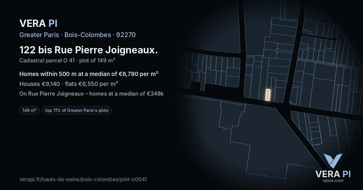122 bis Rue Pierre Joigneaux, Bois-Colombes at night – the plot lit, the parcels around coloured by the prices near them
