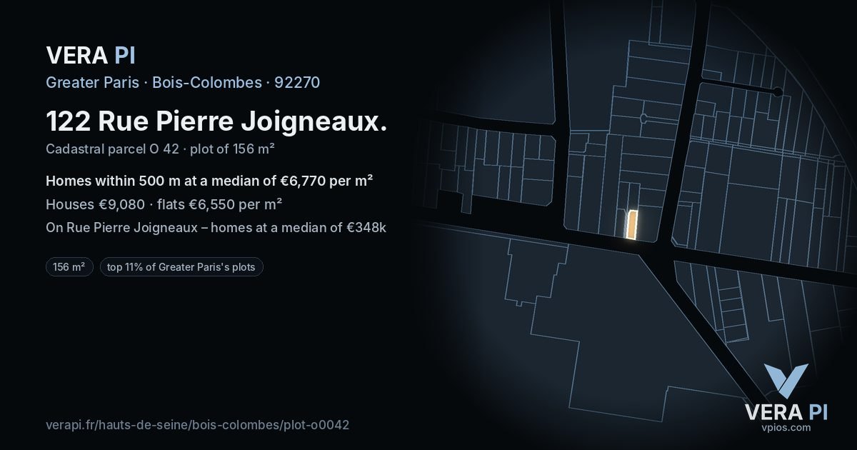 122 Rue Pierre Joigneaux, Bois-Colombes at night – the plot lit, the parcels around coloured by the prices near them