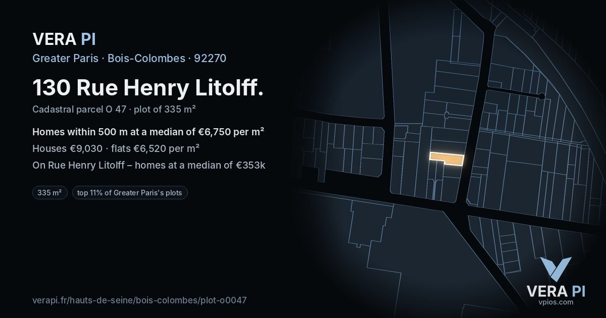130 Rue Henry Litolff, Bois-Colombes at night – the plot lit, the parcels around coloured by the prices near them