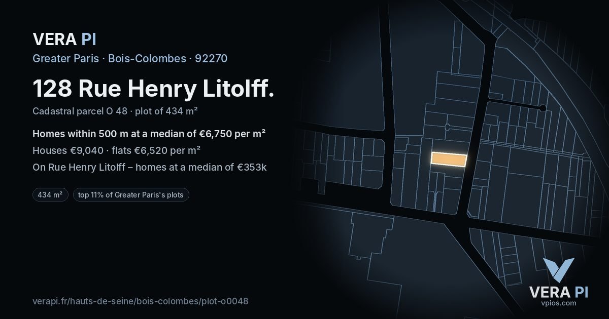 128 Rue Henry Litolff, Bois-Colombes at night – the plot lit, the parcels around coloured by the prices near them