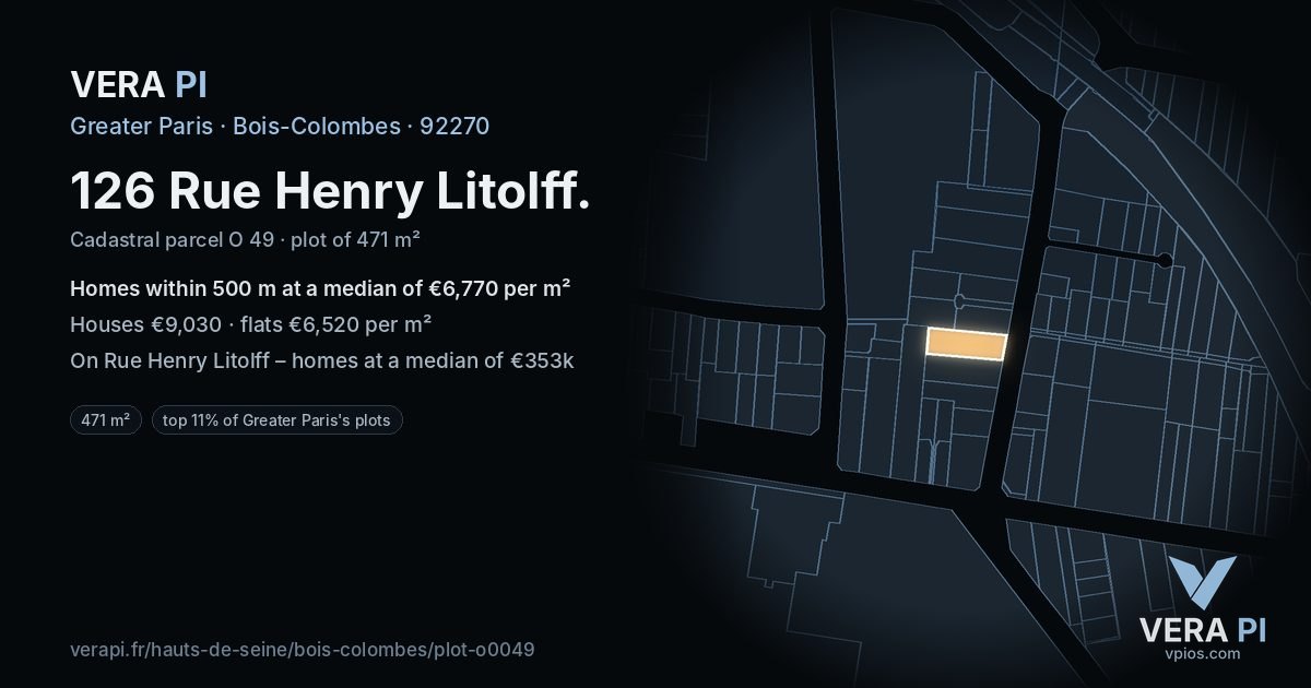 126 Rue Henry Litolff, Bois-Colombes at night – the plot lit, the parcels around coloured by the prices near them