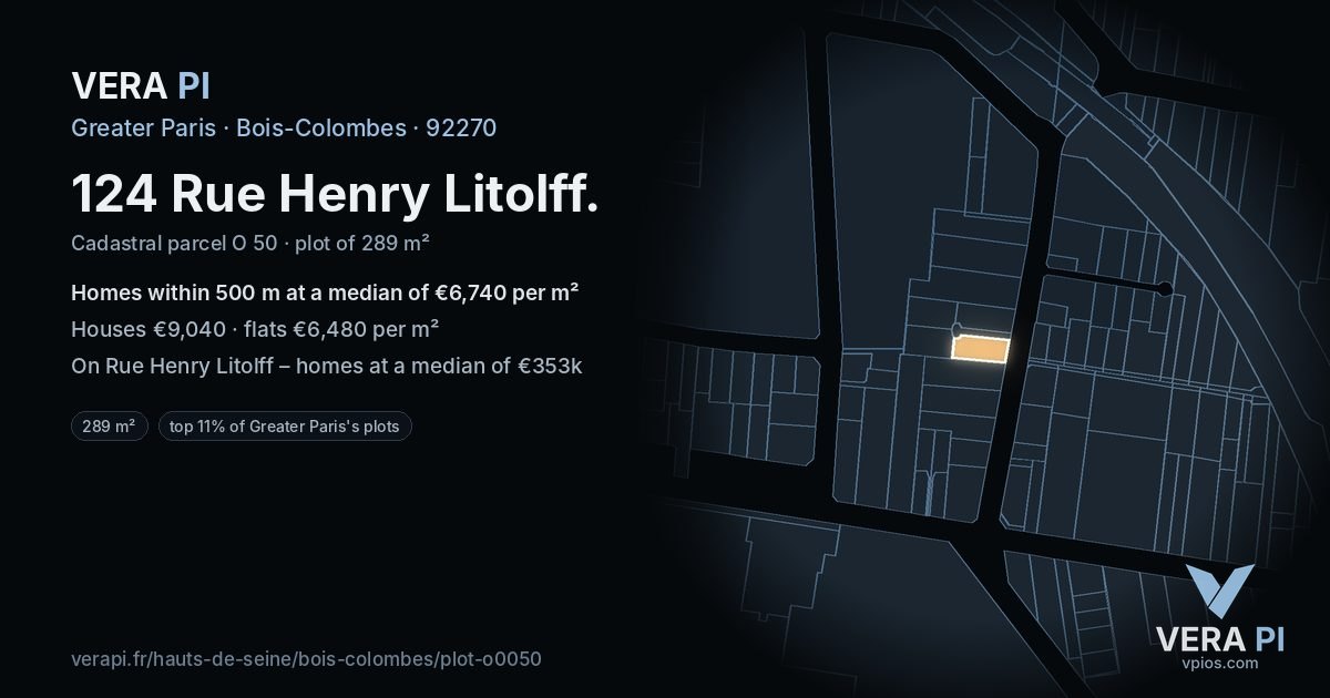 124 Rue Henry Litolff, Bois-Colombes at night – the plot lit, the parcels around coloured by the prices near them