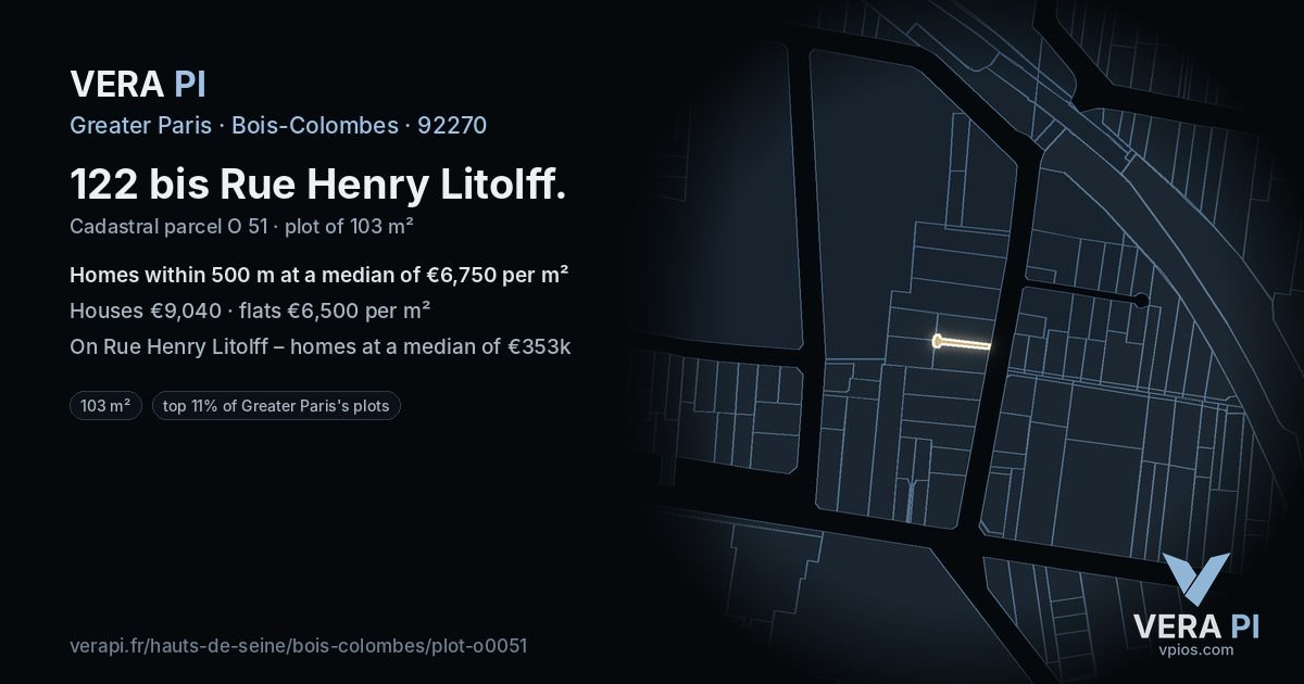 122 bis Rue Henry Litolff, Bois-Colombes at night – the plot lit, the parcels around coloured by the prices near them